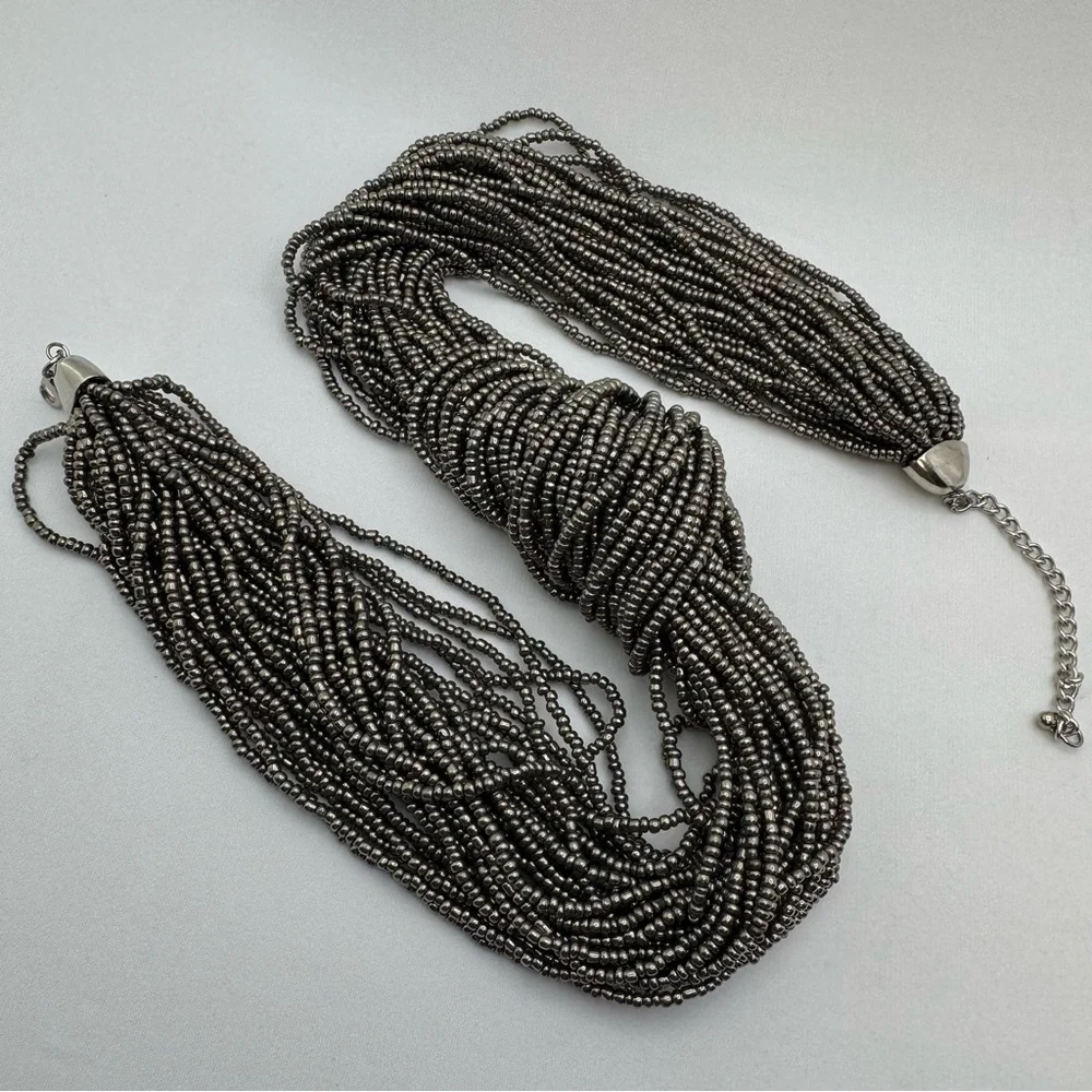 Multi Strand Gunmetal Seed Bead Statement Necklace Bold Weighted Boho Chunky
